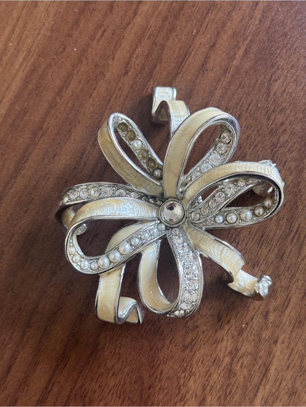 Jay Strongwater Ivory Enamel and Silver Crystal Bow Brooch